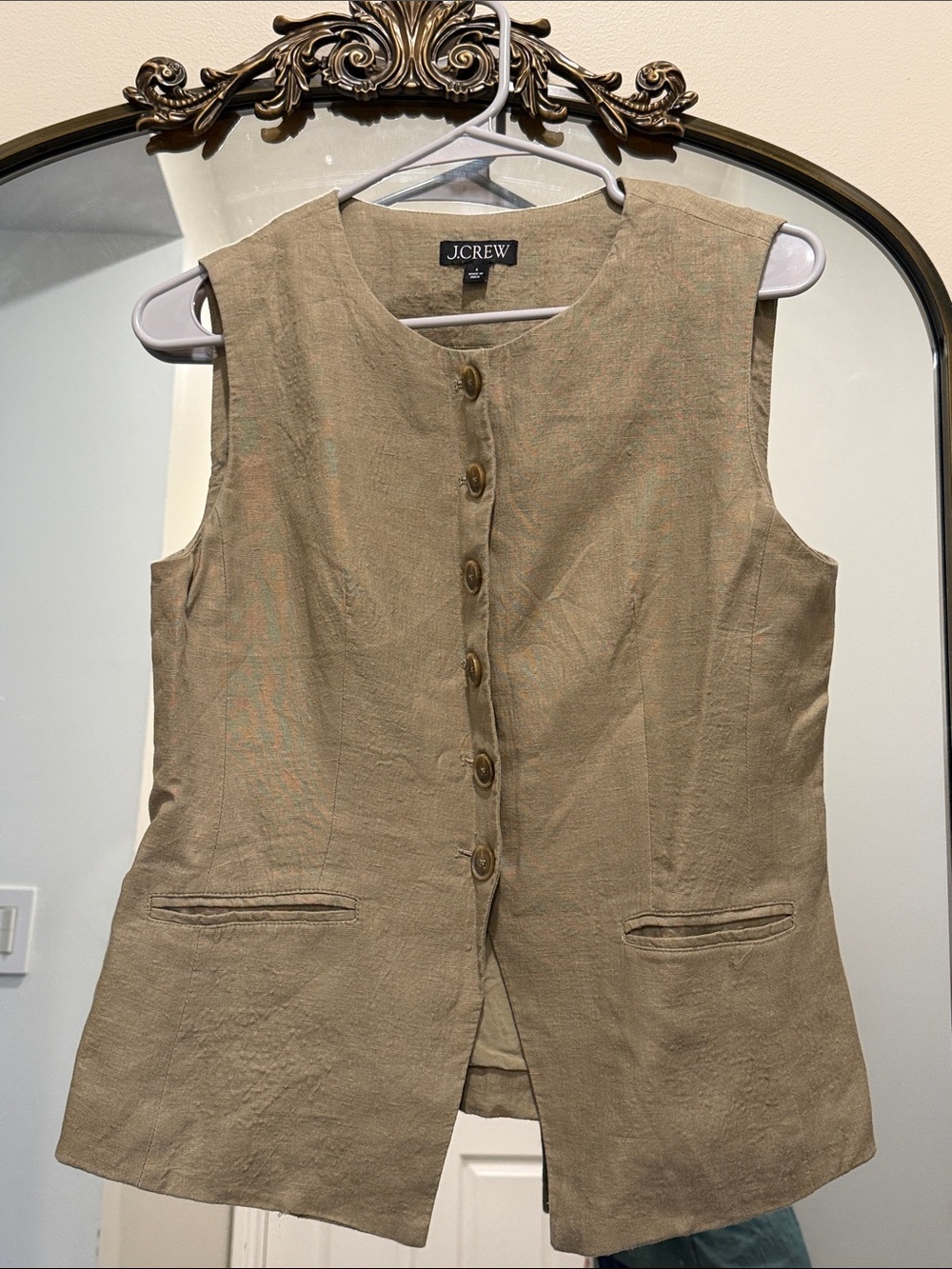 J. Crew Sleeveless Linen Blend Button Vest in Khaki green - Picture 2 of 8